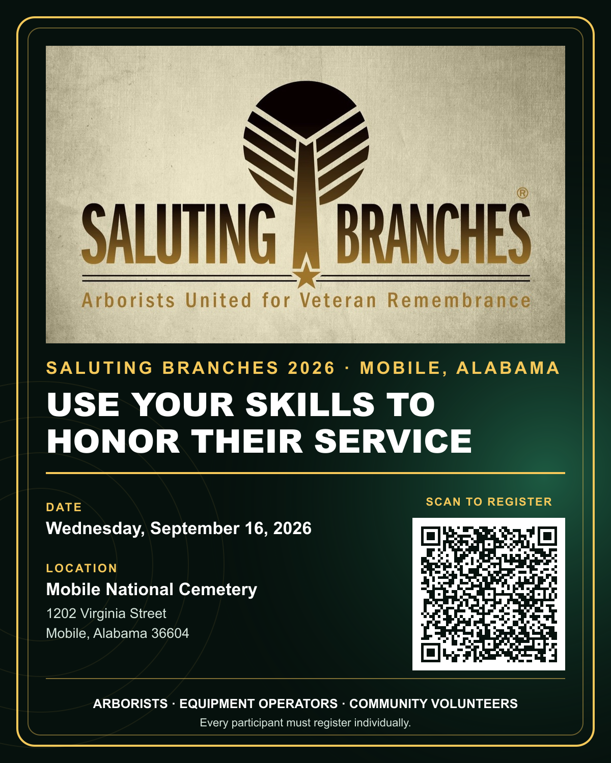 Saluting Branches volunteer event at Mobile National Cemetery on September 16, 2026.